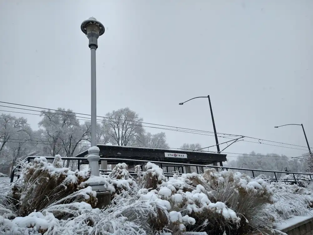 Landscaping next to Fort Douglas Station after the first serious snow of the season