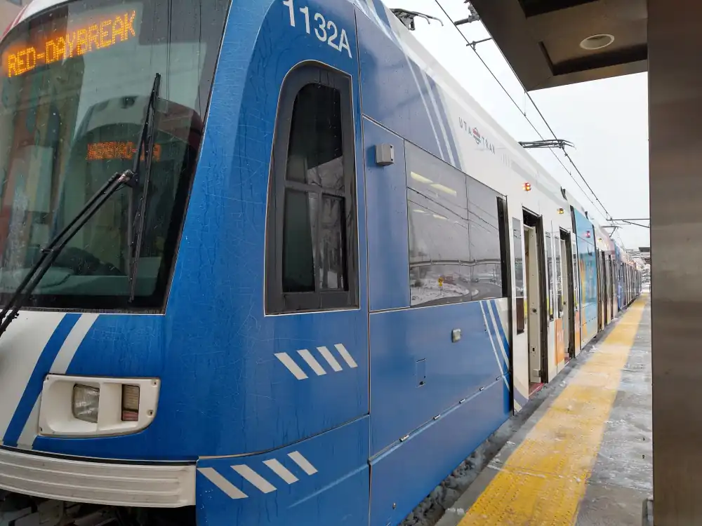 A four-car Red Line train stopped at Fort Douglas Station