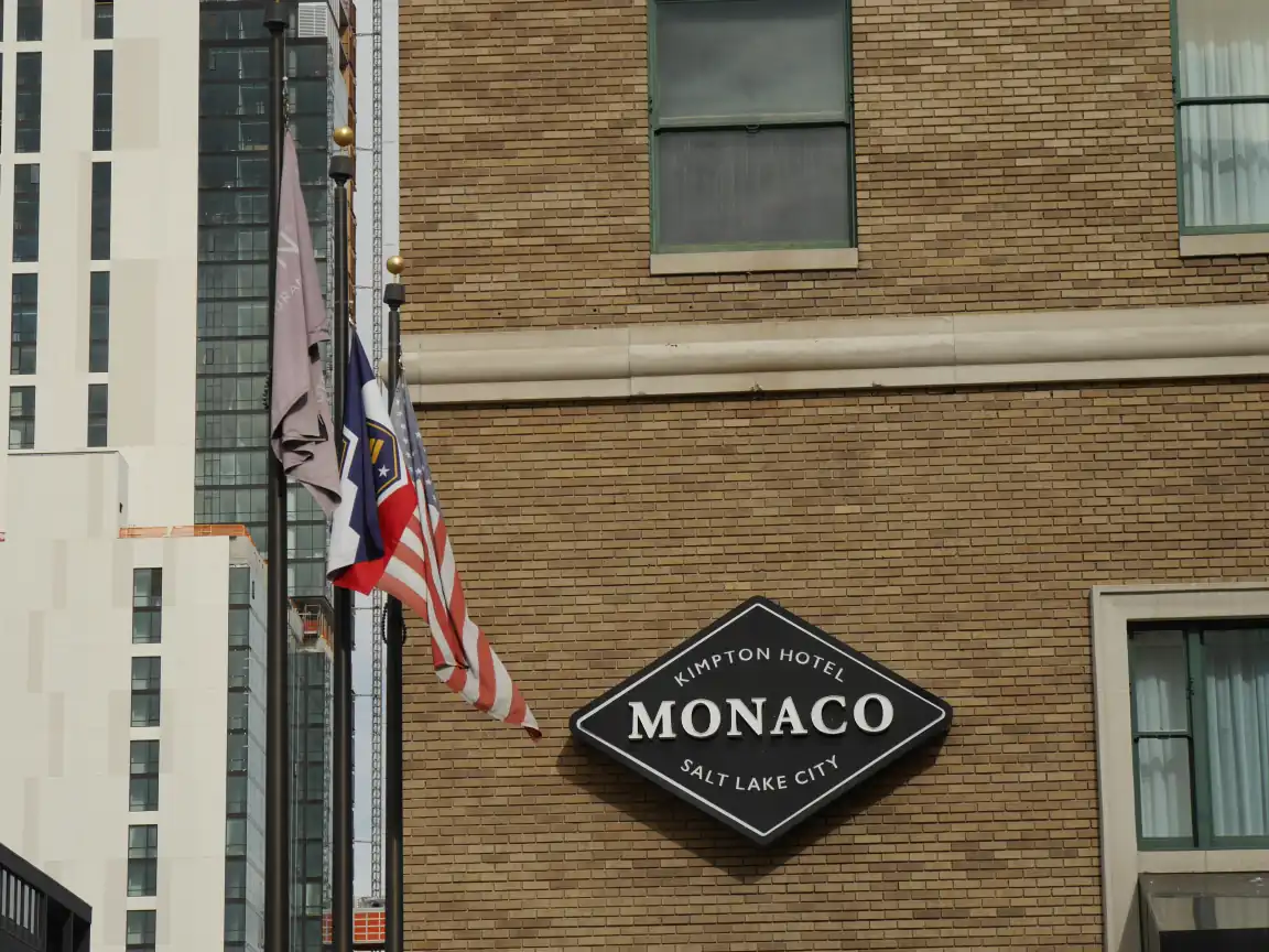 The Kimpton Hotel Monaco sign and flags