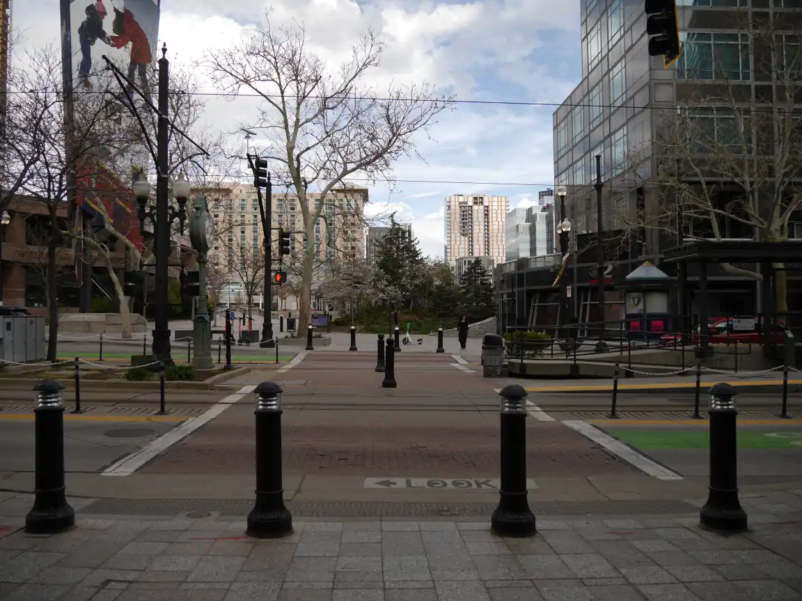 The midblock crosswalk over Main St. to Gallivan Plaza