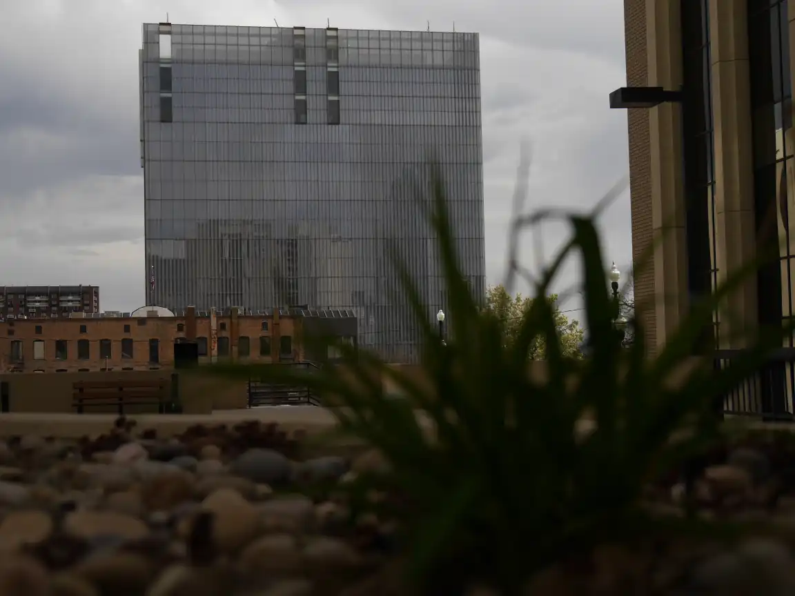 The Orrin G. Hatch United States Courthouse with a planter in foreground