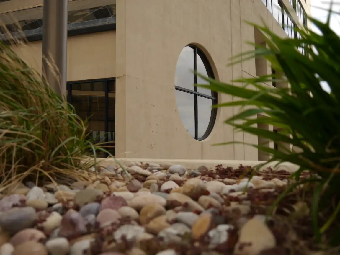 A round, four-pane window framed by a planter