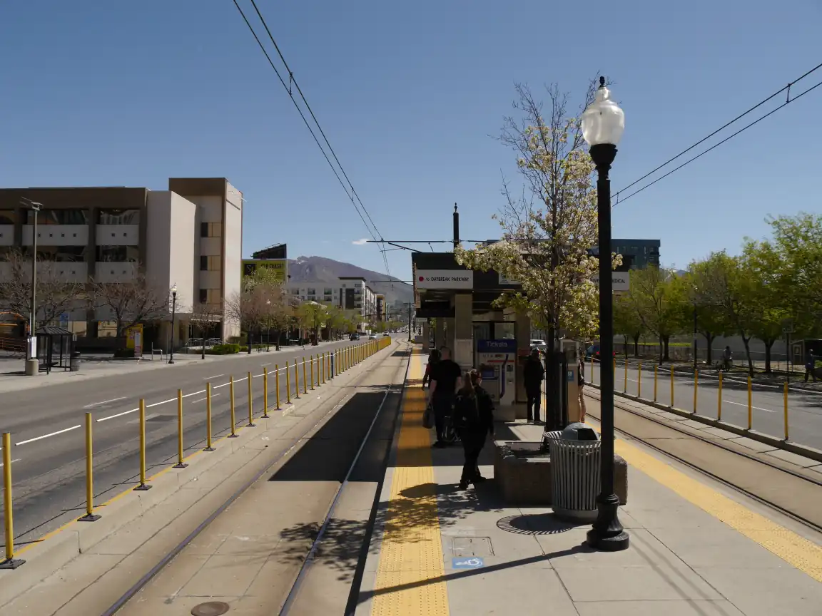 The north side of the platform at the Library TRAX station as viewed from the high block